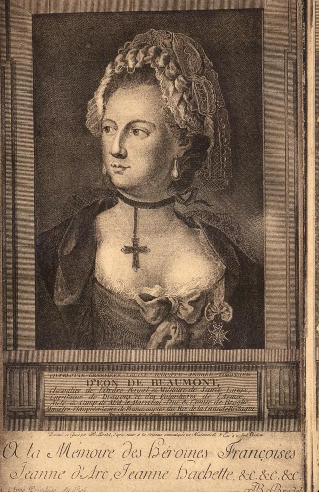 Jeanne d'Éon de Beaumont — Heroína francesa — gravura de B. Bradel - Frente