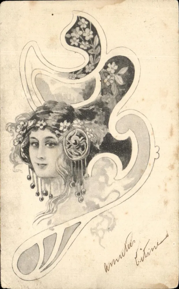 Frau mit Blumen — Art nouveau-Portrait — Zeichnung von Annette Litaïne - Vorderseite