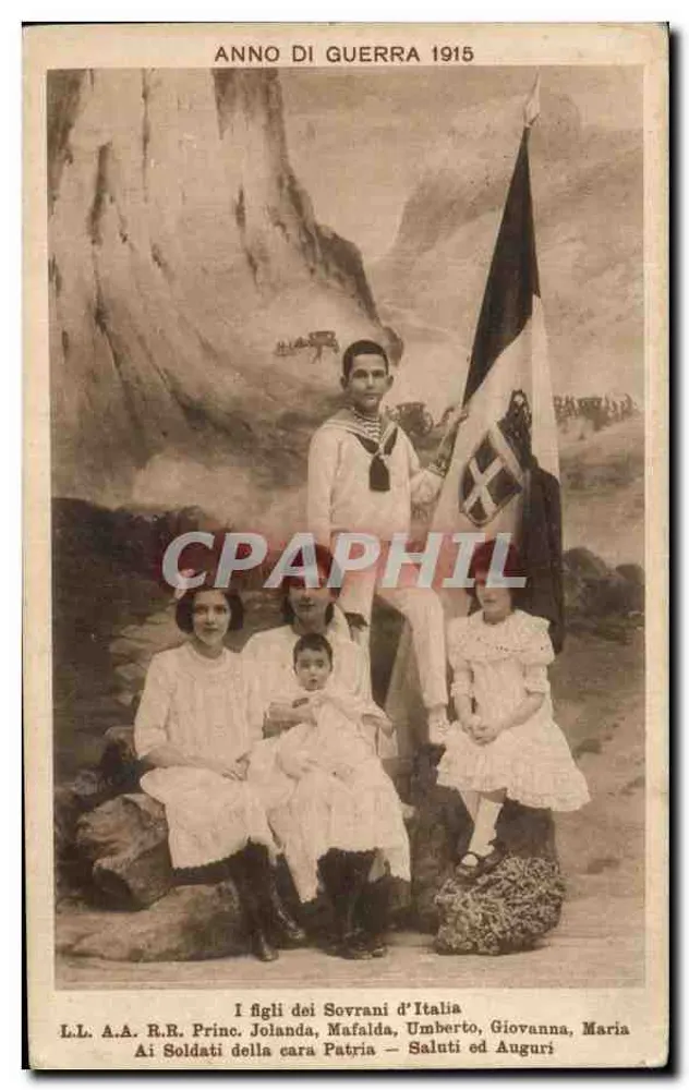 Italienische Königliche Familie — Porträt mit italienischem Flaggen — Verlag De Marzoli Milano - Vorderseite