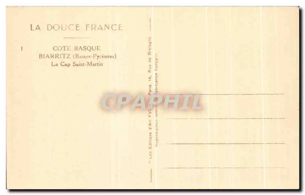 O Cap Saint-Martin — Biarritz (Basses-Pyrénées) — Editor Yvon, n°1 - Verso