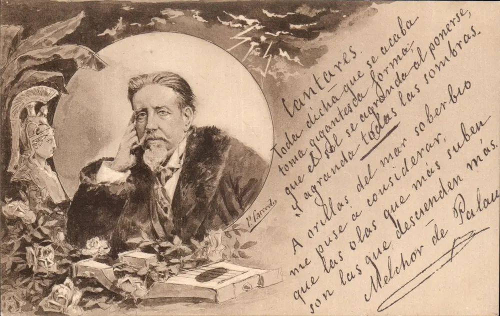 Retrato de Melchor de Palau — poema e assinatura — editor Madrid - Frente