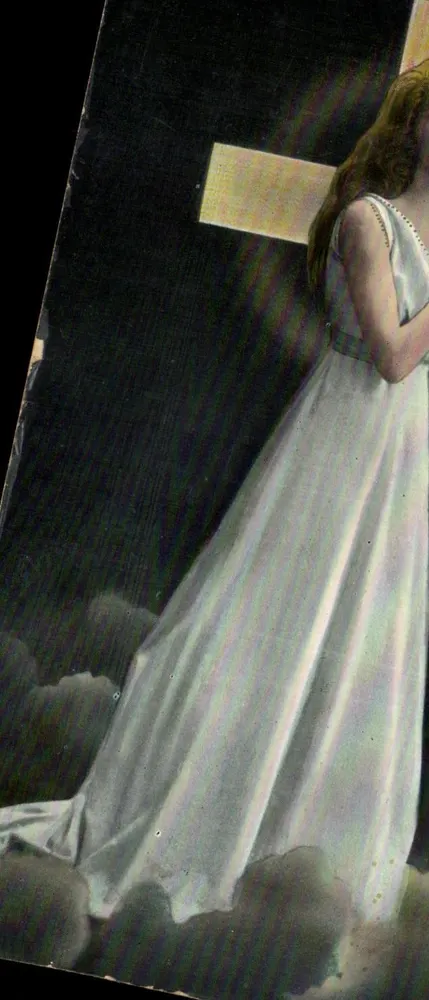 Frau in weißem Kleid vor einer Kreuz — Verlag Wildt & Kray, London N.W., Serie 1693 - Vorderseite