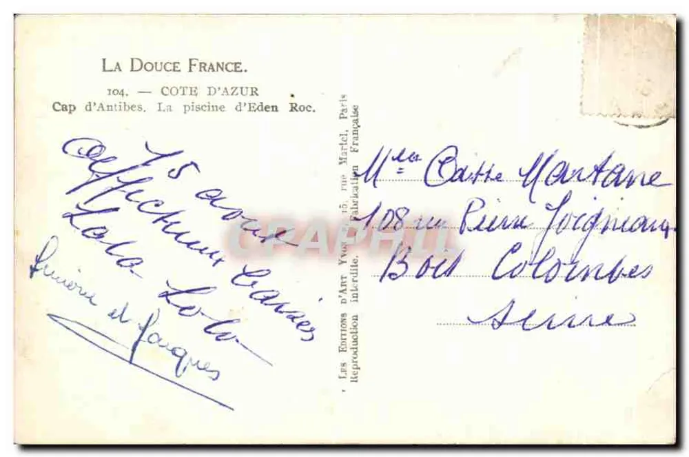Cabo de Antibes — A piscina do Eden Roc — Les Éditions d'Art Yvon, Paris - Verso