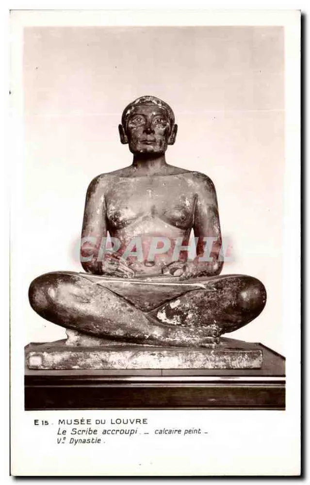 Der hockende Schreiber — bemalter Kalkstein — 5. Dynastie — Edition der Nationalmuseen, Palast des Louvre - Vorderseite
