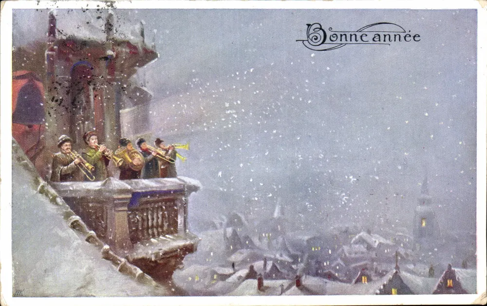 Musiciens sur balcon enneigé — scène de Noël — éditeur non visible - Frente