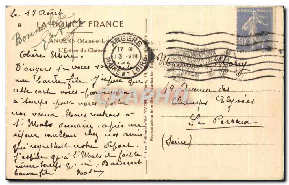Angers — Eingang zum Schloss — Les Éditions d'Art Yvon, Paris - Rückseite