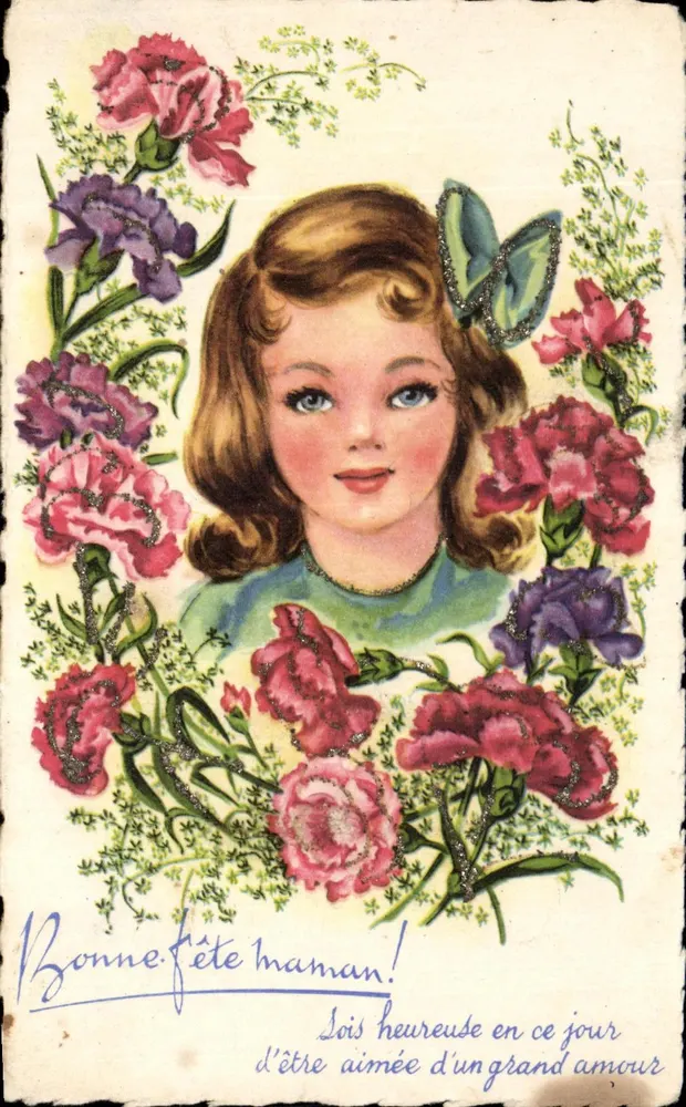 Fête de la Maman — illustration d'une jeune fille entourée de fleurs — éditeur non visible, série N°3475 - Vorderseite
