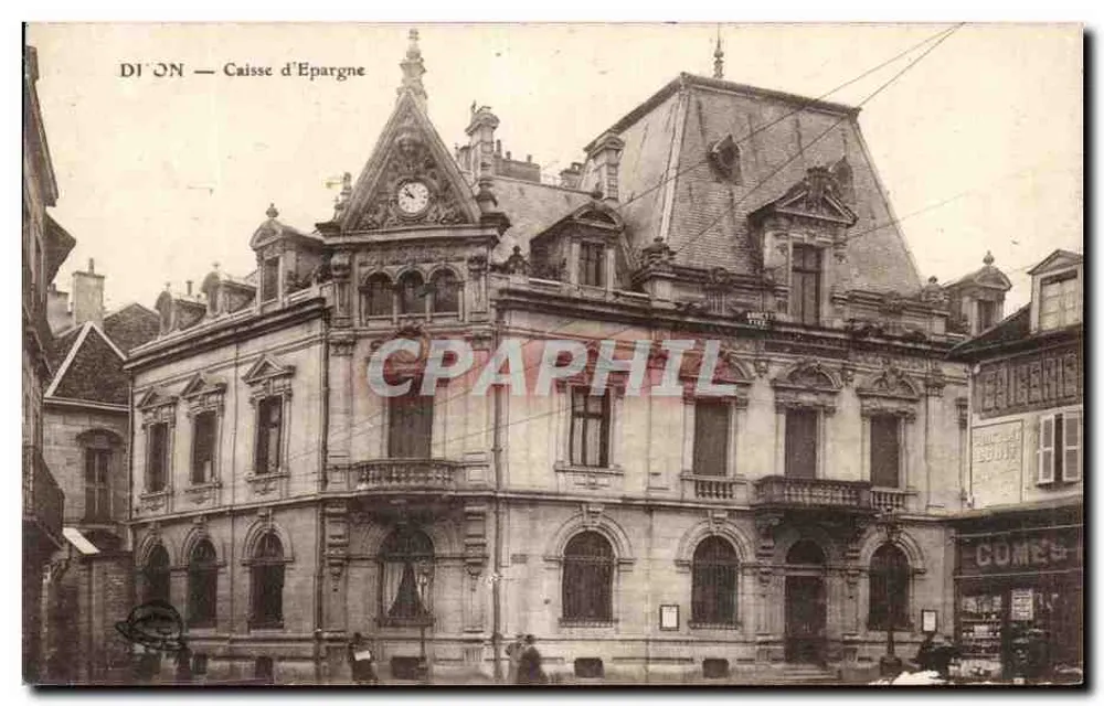 Dijon — Caixa de Poupança — edifício com fachada decorada e relógio - Frente