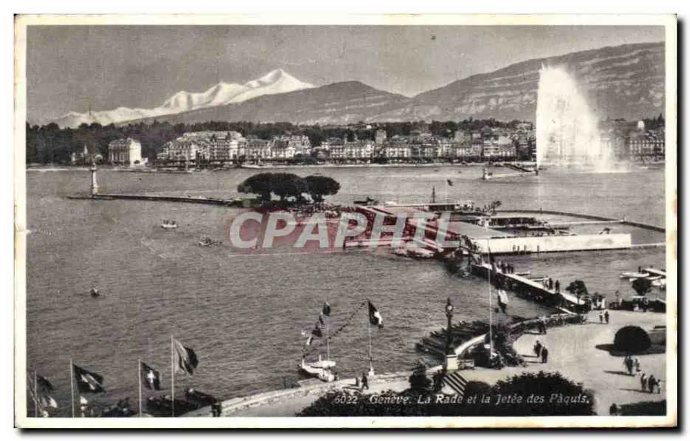 Genf. Die Bucht und die Mole der Pâquis — Panoramablick mit Fontäne und schneebedeckten Bergen im Hintergrund, Herausgeber 'CPAPHIL' Nr. 6022 - Vorderseite