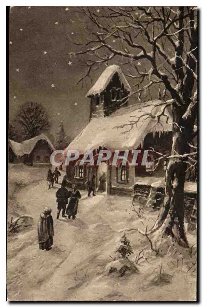 Cena noturna de inverno — igreja coberta de neve — editor L.P. n°1005 - Frente