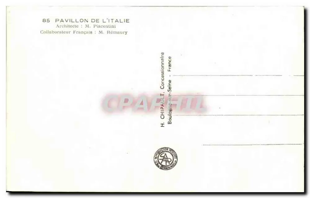 Pavillon Italiens — Internationale Ausstellung Paris 1937 — H. CHIPAULT, Boulogne-sur-Seine - Rückseite