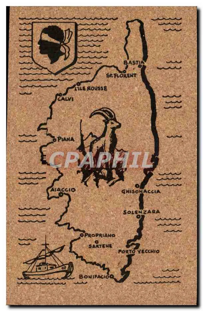 Carta postal representando um mapa da Corse — editor desconhecido, número de série não visível - Frente