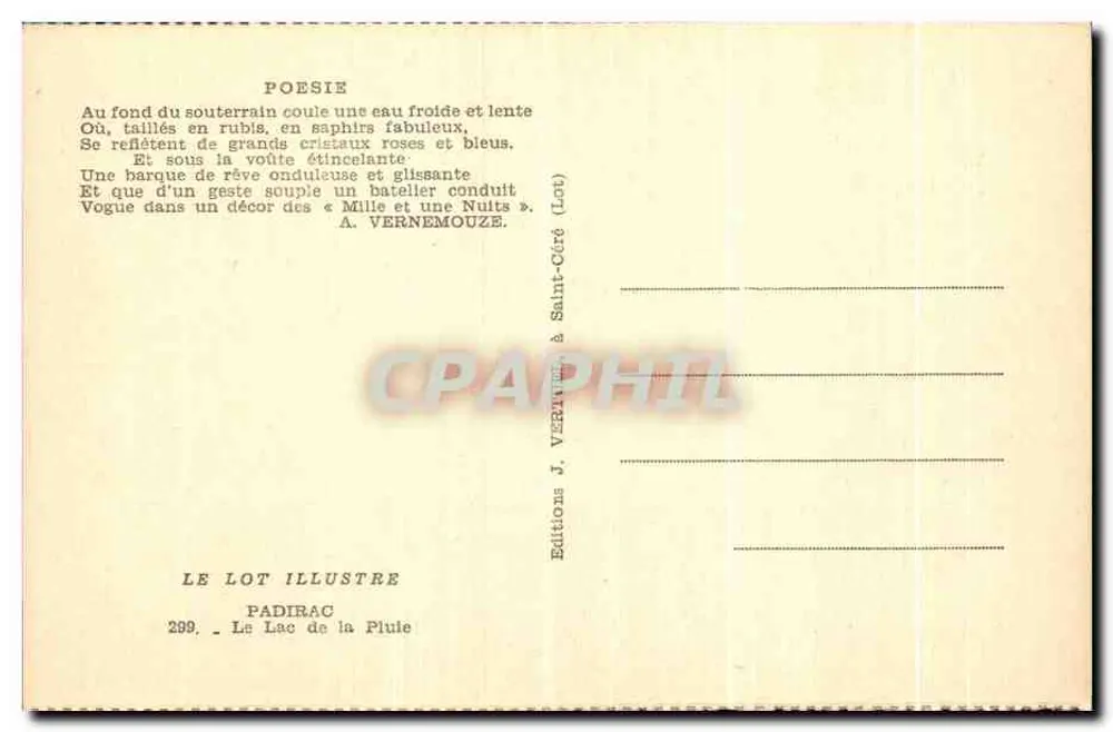 Gruta da Piule — Lago subterrâneo — Edições J. Vernemouze, n° 299 - Verso