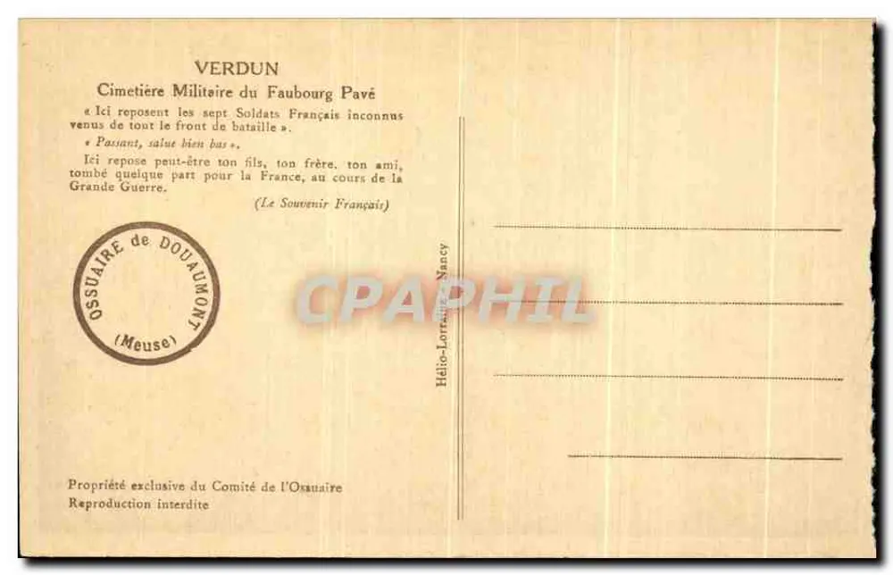 Militärfriedhof Faubourg Pavé — Verdun — Verlag Ossuaire de Douaumont - Rückseite