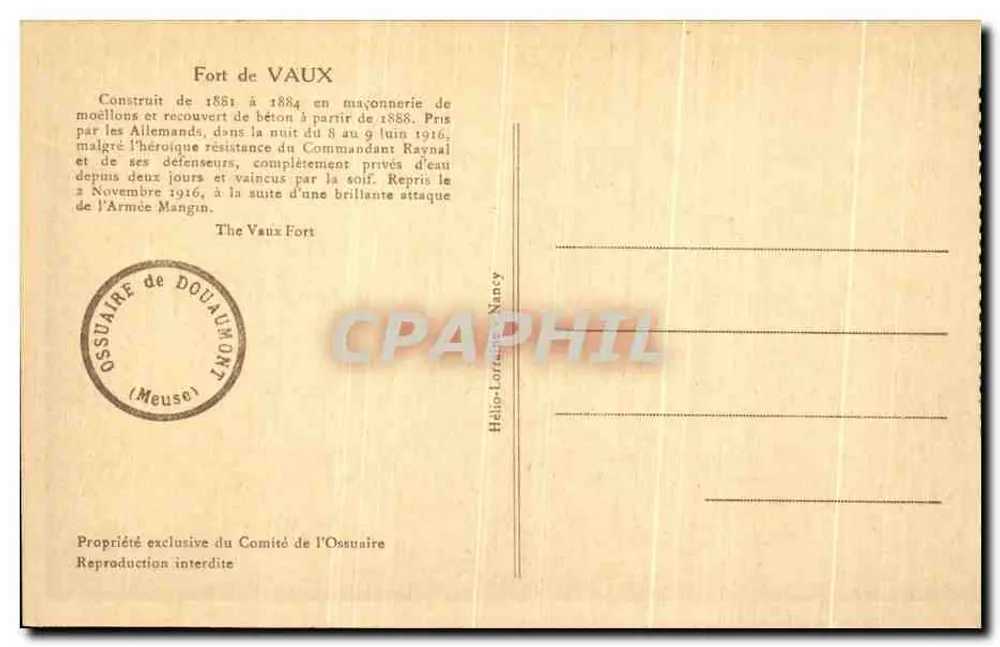 Fort de Vaux — Ossuaire de Douaumont — Comité de l'Ossuaire - Verso