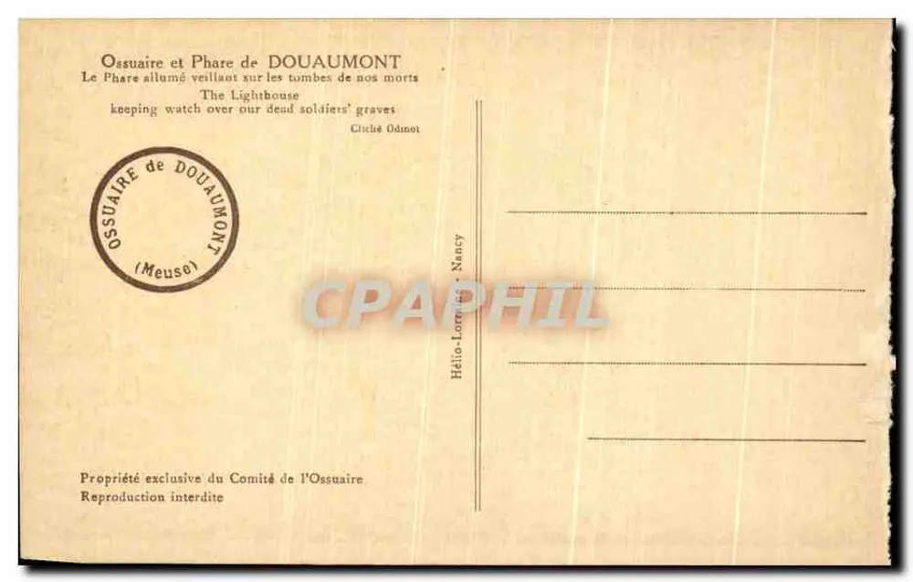 Ossuaire und Leuchtturm von Douaumont — Der Leuchtturm, der über die Gräber unserer Toten wacht — Foto Odinot - Rückseite