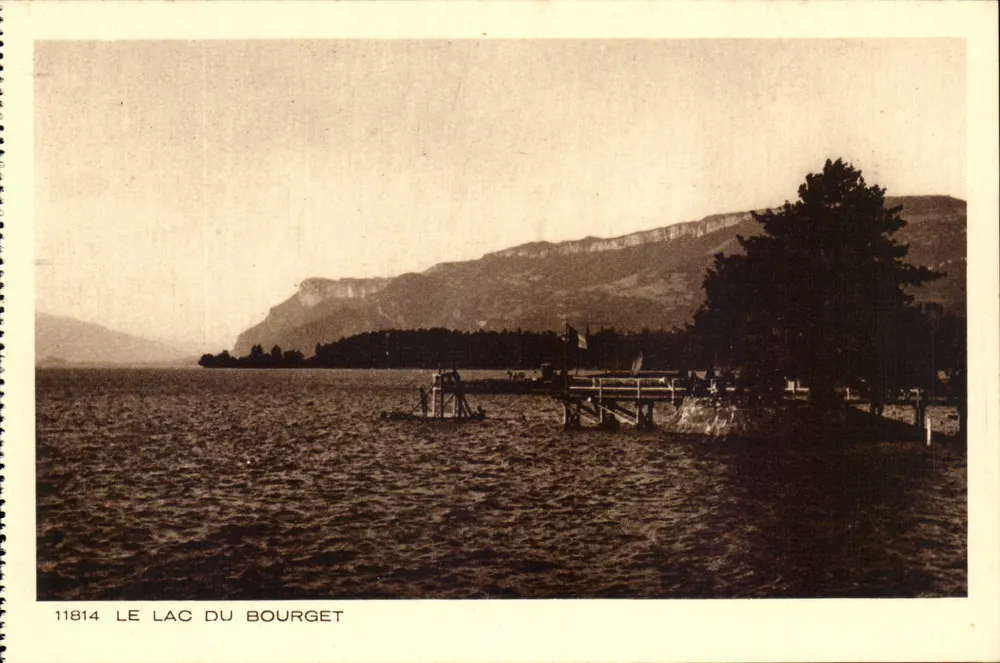 O Lago do Bourget — vista do lago com cais e montanhas — série 11814, editada por Braun & Cie, Mulhouse-Dornach - Frente