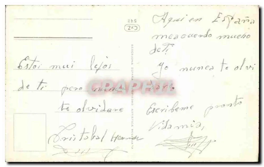Liebendes Paar — gedruckter und handschriftlicher Text — Verlag 'Barceloneta Edición Artística' n°542 - Rückseite