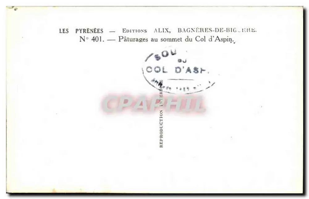 Weiden am Gipfel des Col d'Aspin — Die Pyrenäen — Editions Alix, Bagnères-de-Bigorre, Nr. 401 - Rückseite