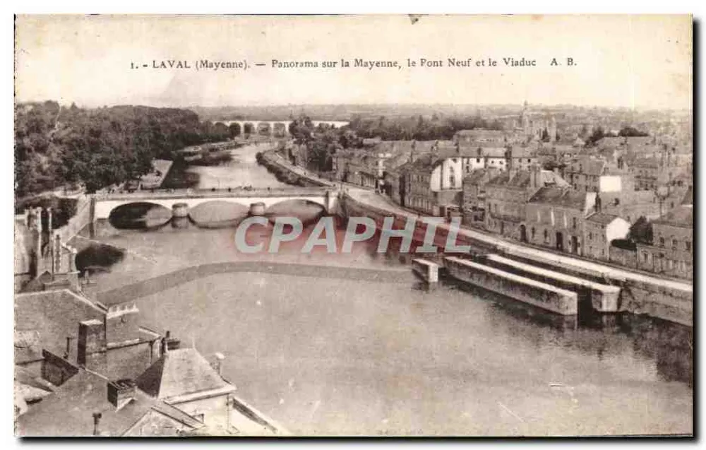 Laval (Mayenne) — Panorama über die Mayenne, den Neuen Brücke und den Viadukt — A. B. - Vorderseite