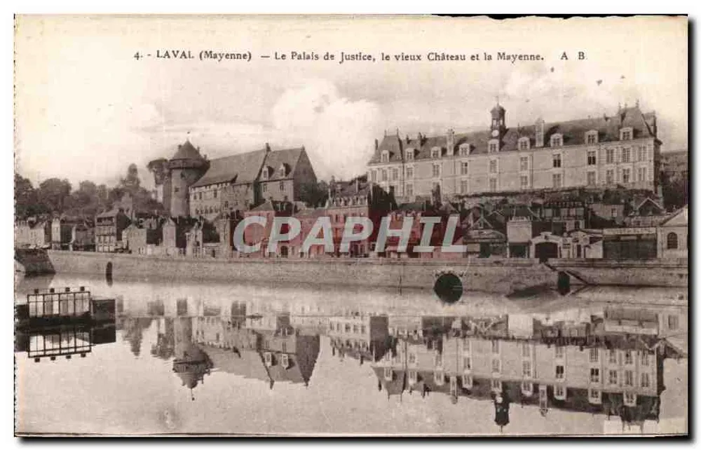 Laval (Mayenne) — Das Gerichtsgebäude, das alte Schloss und der Fluss Mayenne. A. B. - Vorderseite