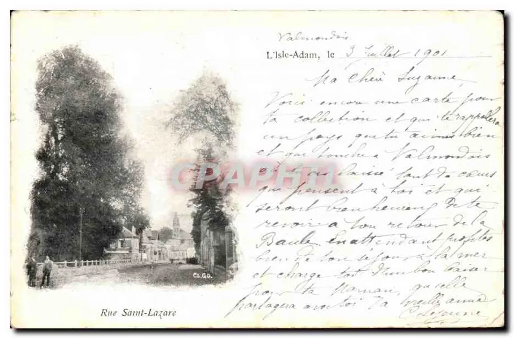Rue Saint-Lazare — vue de la rue bordée d'arbres avec deux personnes — éditeur CL.G.O. - Recto