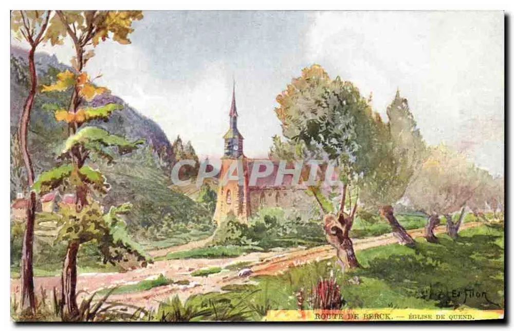 Route de Berck — Igreja de Quend — Editor E. Filon - Frente
