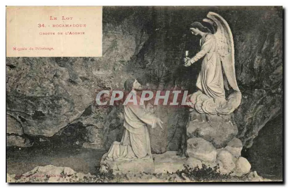 Gruta de Rocamadour — Estátua de anjo e peregrino — Loja do Peregrino - Frente
