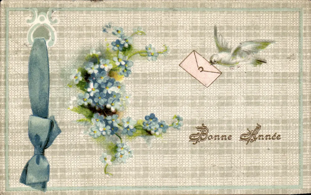 Blumenstrauß in Blau und Vogel — Frohes Neues Jahr — Verlag unbekannt - Vorderseite