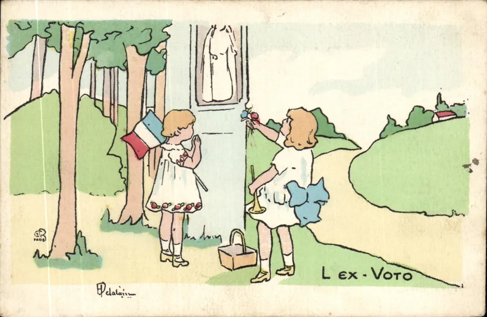 Duas moças diante de um altar — L'ex-Voto — editor Pelalain, Paris - Frente