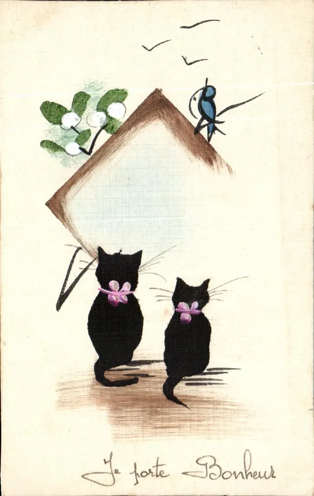 Twee zwarte katten onder een overkapping — illustratie — Je porte Bonheur - Voorkant
