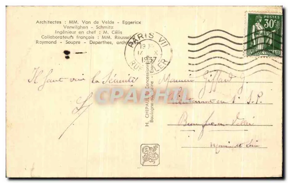 Pavillon der Belgien — Internationale Ausstellung Paris 1937 — Éditeur CH - Rückseite
