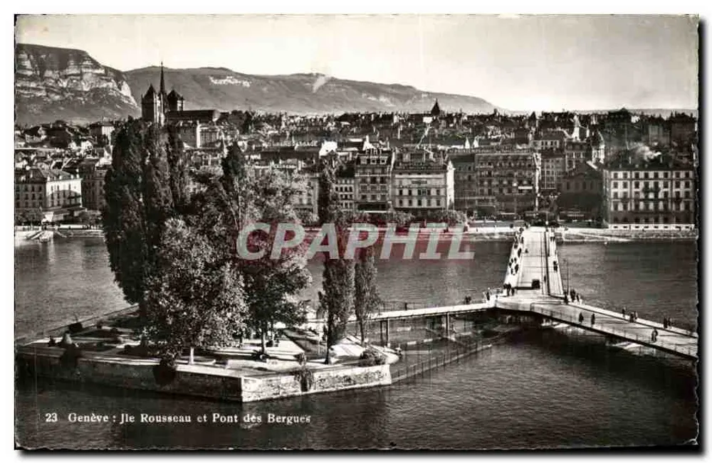 Genf: Insel Rousseau und Pont des Bergues-Brücke — Foto. Verlag Sartori, Nr. 23 - Vorderseite