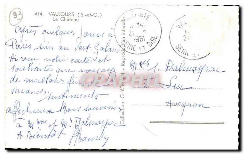 वॉज़र्ज़ (एस.-एंड-ओ.) - कैस्टल - पुराना पोस्टकार्ड संख्या 414 - पीछे