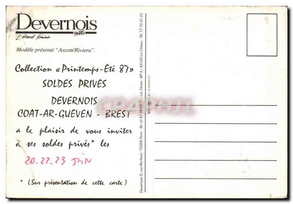 Mulher em traje vermelho — coleção Printemps-Été 87 — Devernois Paris - Verso