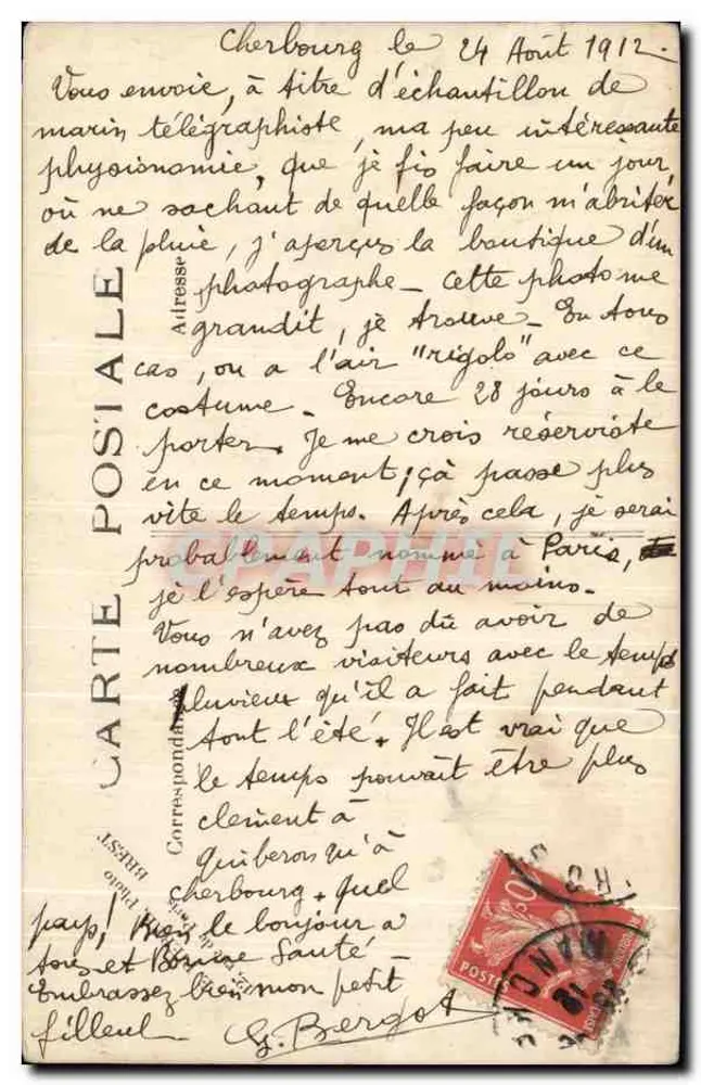 George Bergot — marinheiro telegrafista — Cherbourg, 1912 - Verso