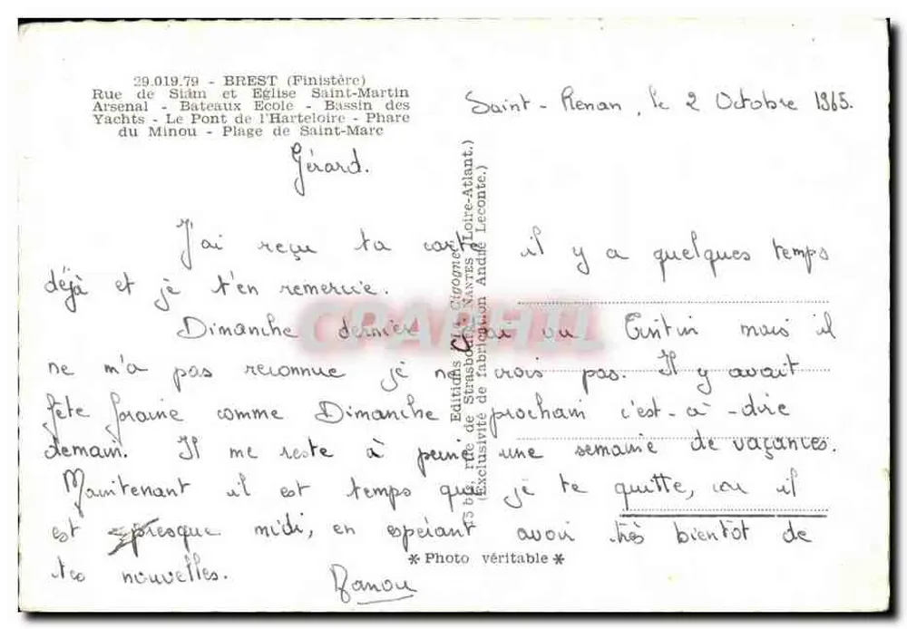 Brest — Vista panorâmica — Edições André Leconte, n° 29.019.78 - Verso