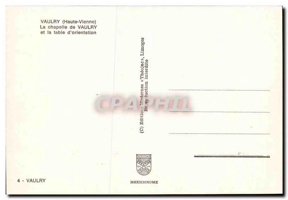 Vaulry (Haute-Vienne) — A capela e a placa de orientação — Editions Modernes Théojac, Limoges - Verso