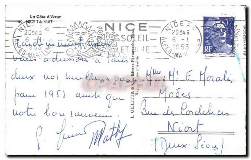 Vista noturna de Nice — A Costa Azul — editada por L. Gilletta & Cie - Verso