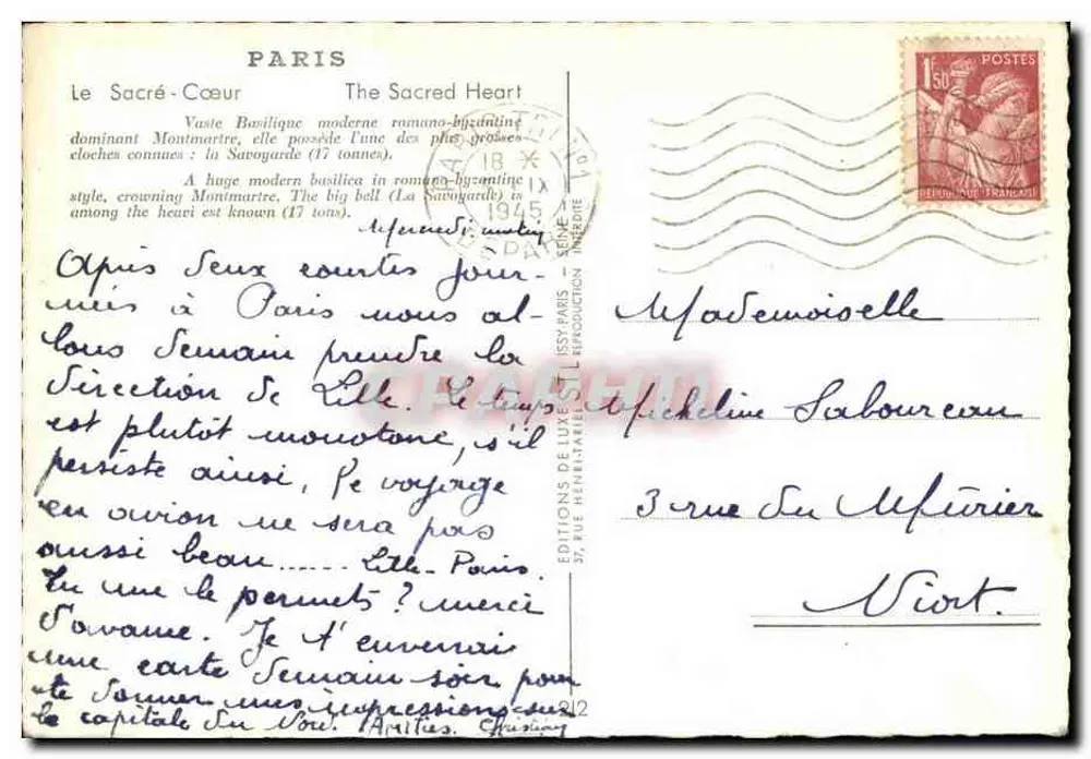 O Sagrado Coração — Montmartre — Edições de Luxo, Paris, série 212 - Verso