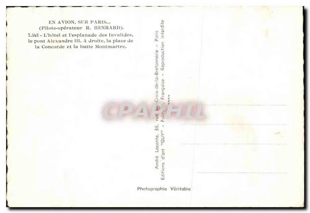 Luftbild von Paris — Hôtel des Invalides, Esplanade, Pont Alexandre III, Butte Montmartre — Éditions d'art GUY - Rückseite