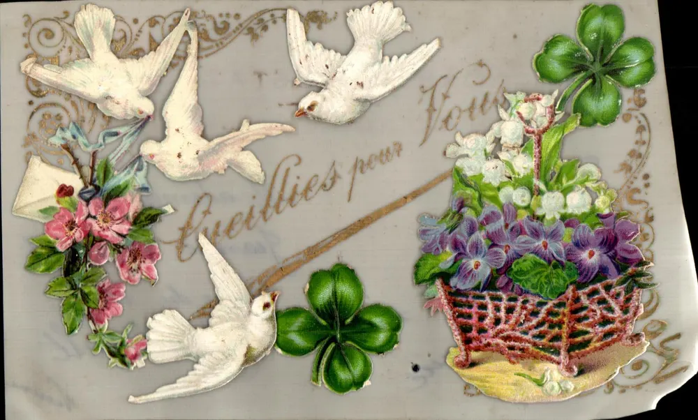 Oiseaux et fleurs — Carte ornée de colombes, trèfles et panier de violettes — Éditeur : Carte Postale (verso) - Frente