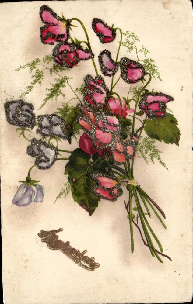 Bouquet de fleurs — fleurs roses et bleues avec feuillage — éditeur 'Krausenfels' et n° de série 'Série A Dés' - Frente