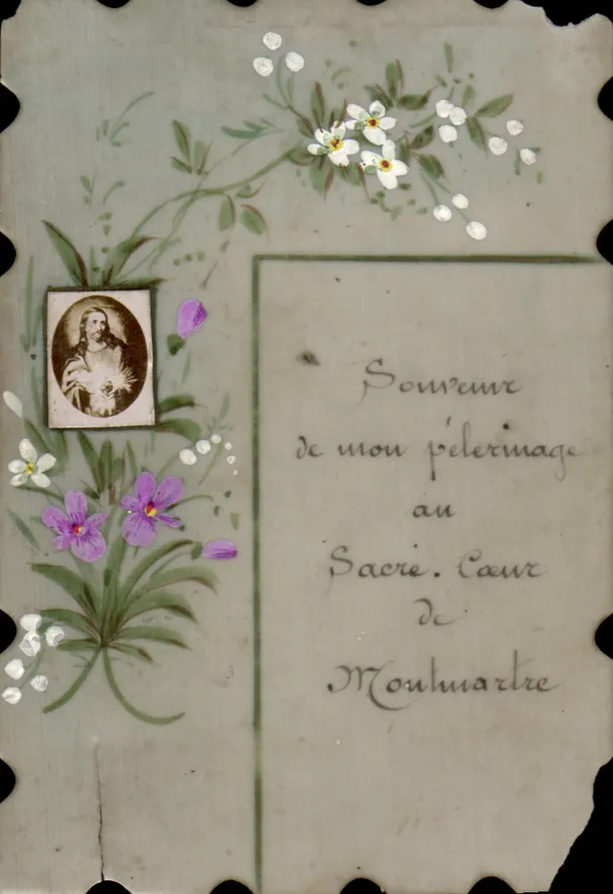 Erinnerung an meinen Pilgergang zum Heiligen Herzen von Moulmarte — dekorierte Karte mit Blumen und einem Portrait Jesu - Vorderseite