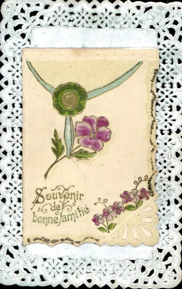 Lembrança de boa amizade — carta postal decorada com flores e um carimbo — editor desconhecido - Frente