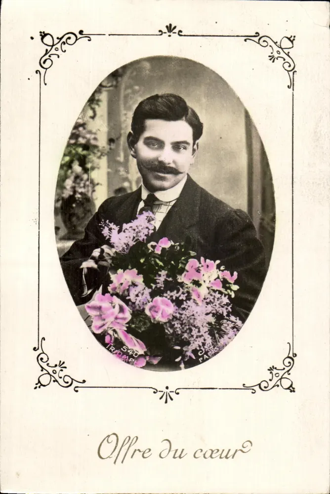 Offre du cœur — portrait d'un homme avec bouquet — éditeur TRIOMPHE, Paris, n° S40 - Frente