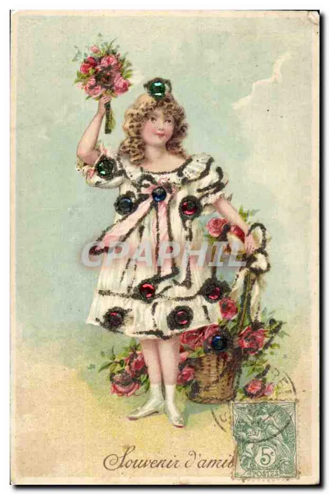 Fille en robe ornée de perles — tenant un bouquet de roses et un panier — éditeur anonyme, n° de série non visible - Frente