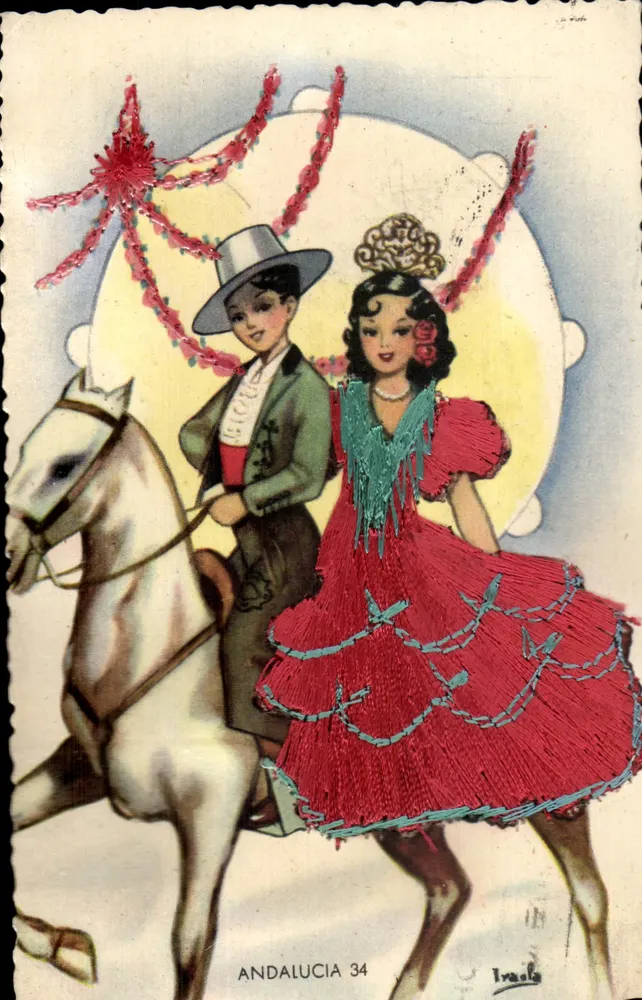 Andalucía 34 — Paar in andalusischem Kleid auf einem Pferd — Verlag Trasla - Vorderseite