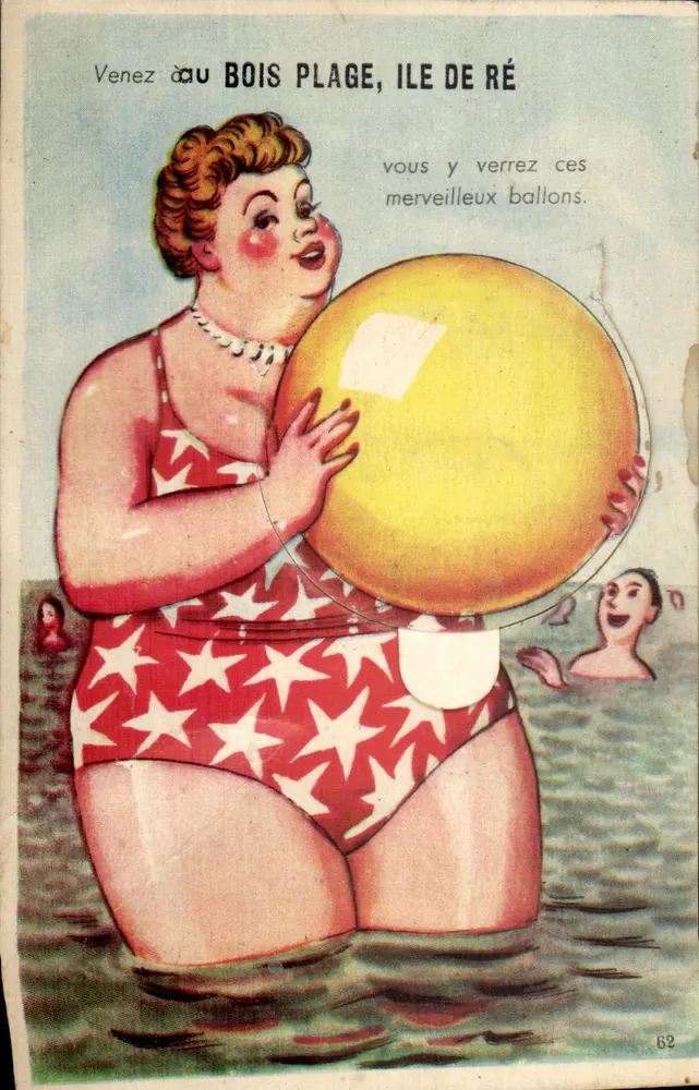 Mulher em maiô estrelado segurando um balão — Bois Plage, Île de Ré — J. Nozais, Nantes, n°62 - Frente