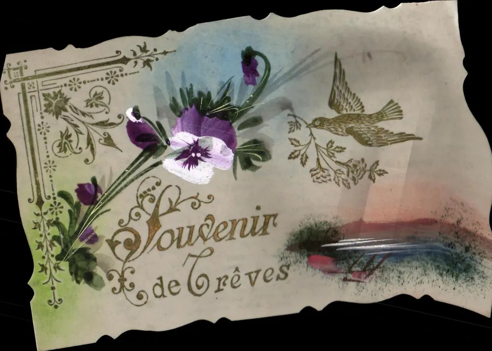 Souvenir de Grèves — carte ornée de violettes et d'un oiseau — éditeur non visible - Vorderseite